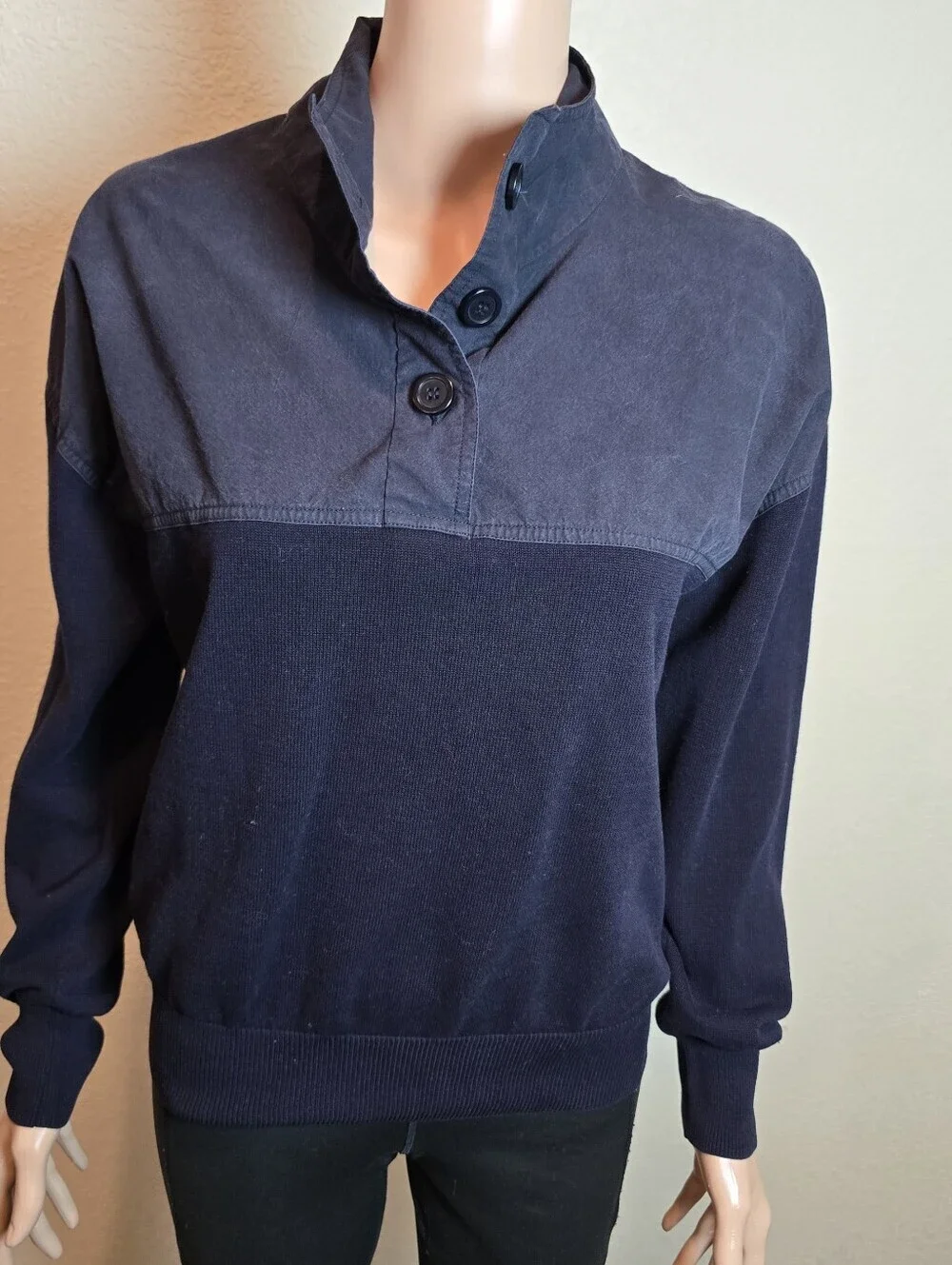 COS Small  navy colorblock button up quarter button long sleeve sweater